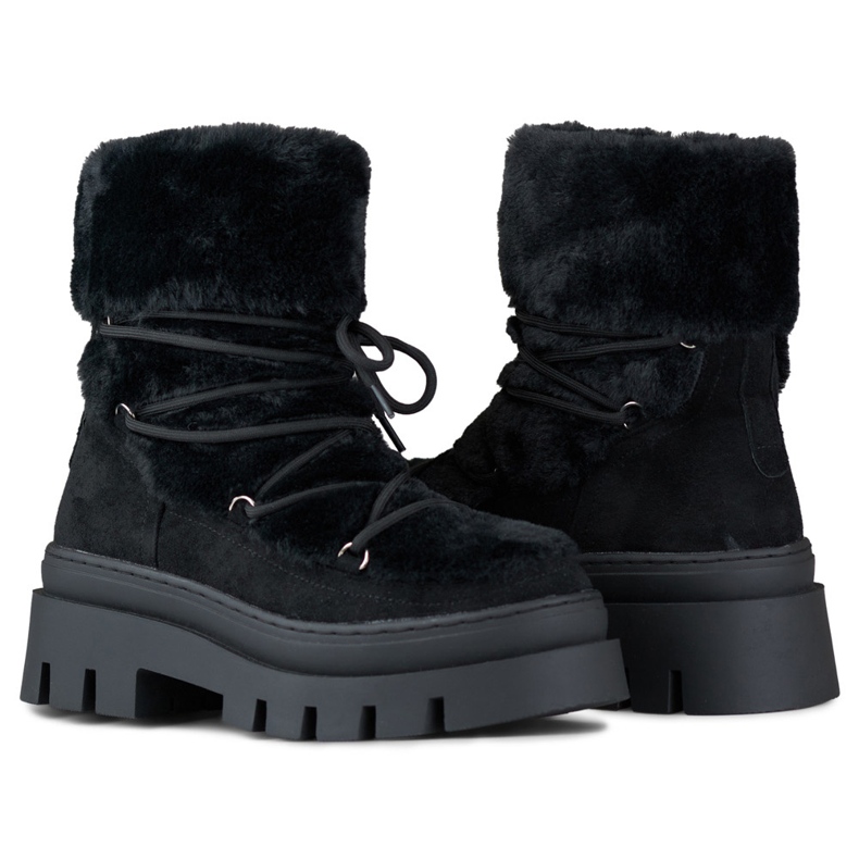 Boots de neige femme noires en fourrure avec laçage décoratif 1