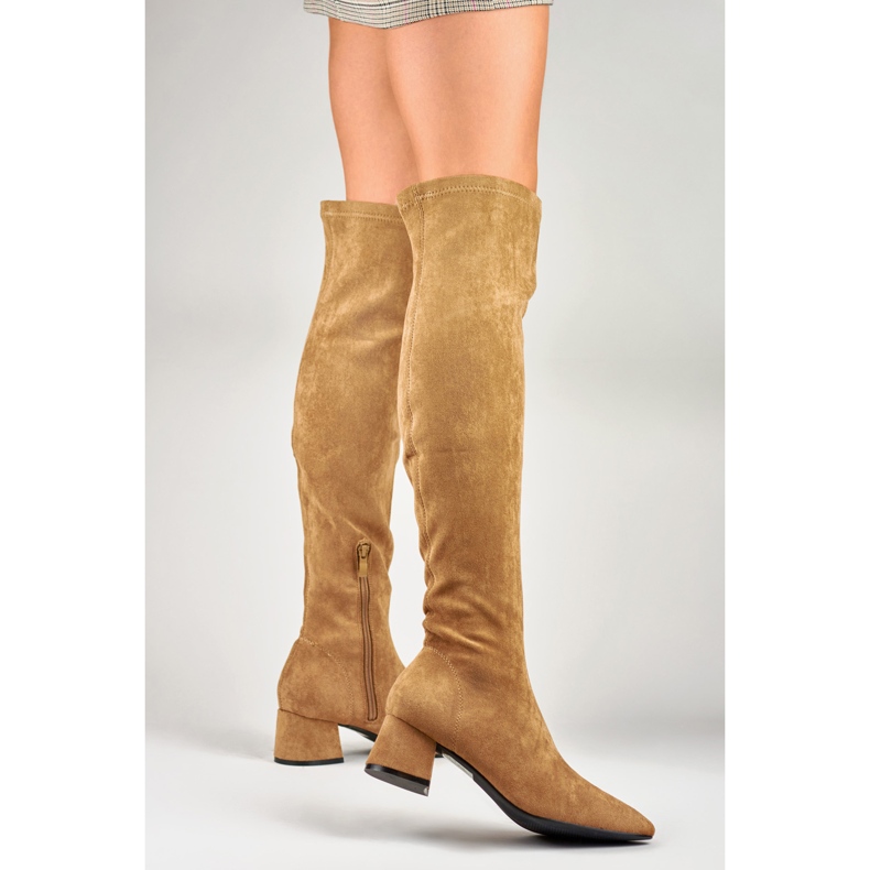 Bottes en daim au-dessus du genou avec un talon bas brun 2