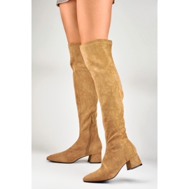 Bottes en daim au-dessus du genou avec un talon bas brun 1
