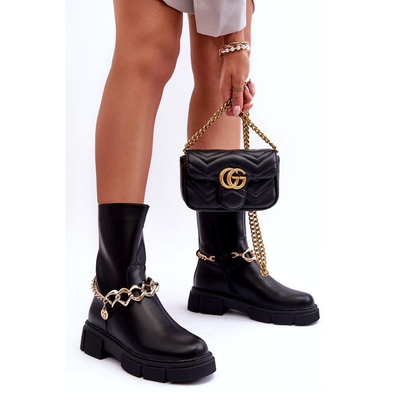 Bottes Hautes En Cuir Avec Chaîne Noir Pugen 5