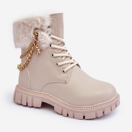 Bottines chaudes pour enfants en cuir avec chaîne, Beige Cadia 1