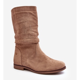 Bottes pour femmes beiges sur un talon plat avec une tige froncée Kotine 1