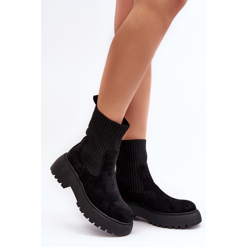 Bottines En Daim Avec Chaussette Sur Plateforme Et Talon Plat, Noir Rewam 2