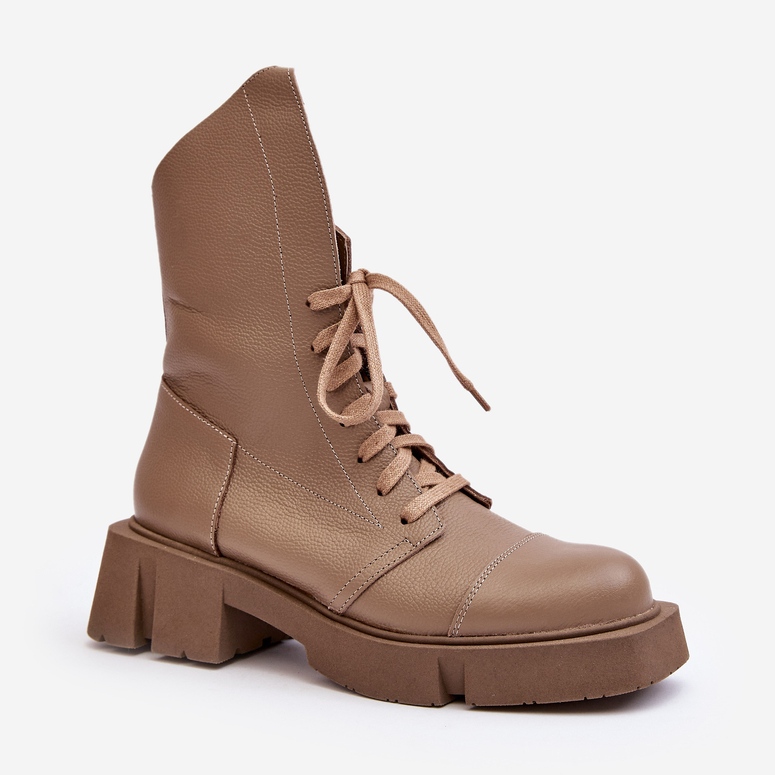 Bottines Worker En Cuir Pour Femme Sur Talon Plat Massif Zazoo 976A Beige Foncé 2