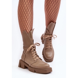 Bottines Worker En Cuir Pour Femme Sur Talon Plat Massif Zazoo 976A Beige Foncé 1