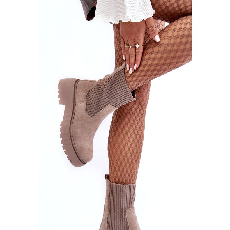 Seastar Bottines en daim beige foncé avec chaussette sur plateforme et talon plat 2