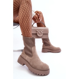 Seastar Bottines en daim beige foncé avec chaussette sur plateforme et talon plat 3