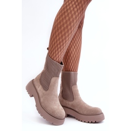 Seastar Bottines en daim beige foncé avec chaussette sur plateforme et talon plat 1