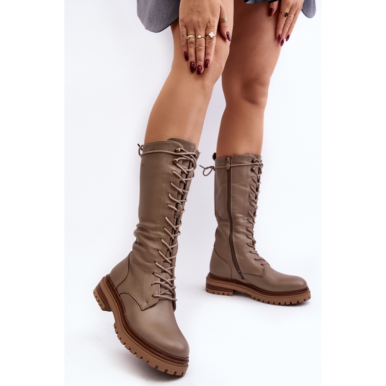 Bottines À Lacets Mi-mollet Pour Femme Beige Elavettsa 2