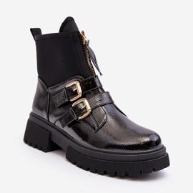 Bottes en cuir verni pour femme à talon plat, noir Rellisa le noir 2