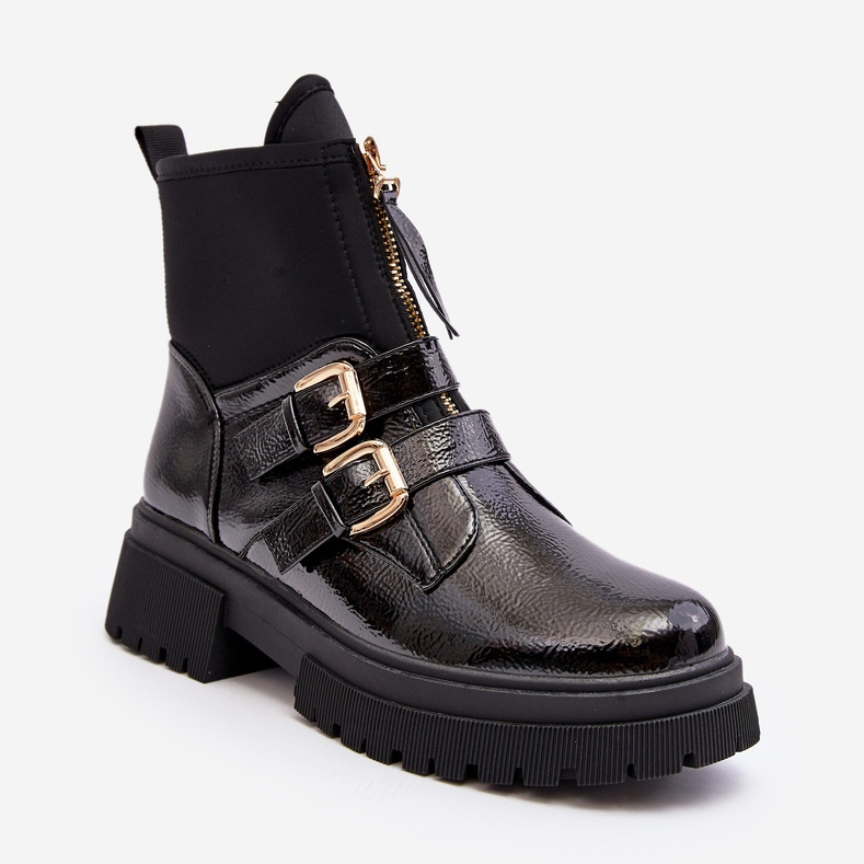 Bottes en cuir verni pour femme à talon plat, noir Rellisa 2