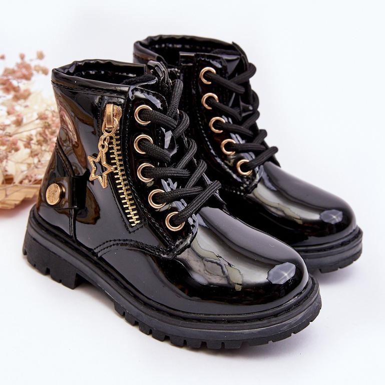 Bottines fille en cuir verni avec fermeture éclair, isolées noires Fori le noir 2 Bottines fille en cuir verni avec fermeture éclair, isolées noires Fori le noir 2