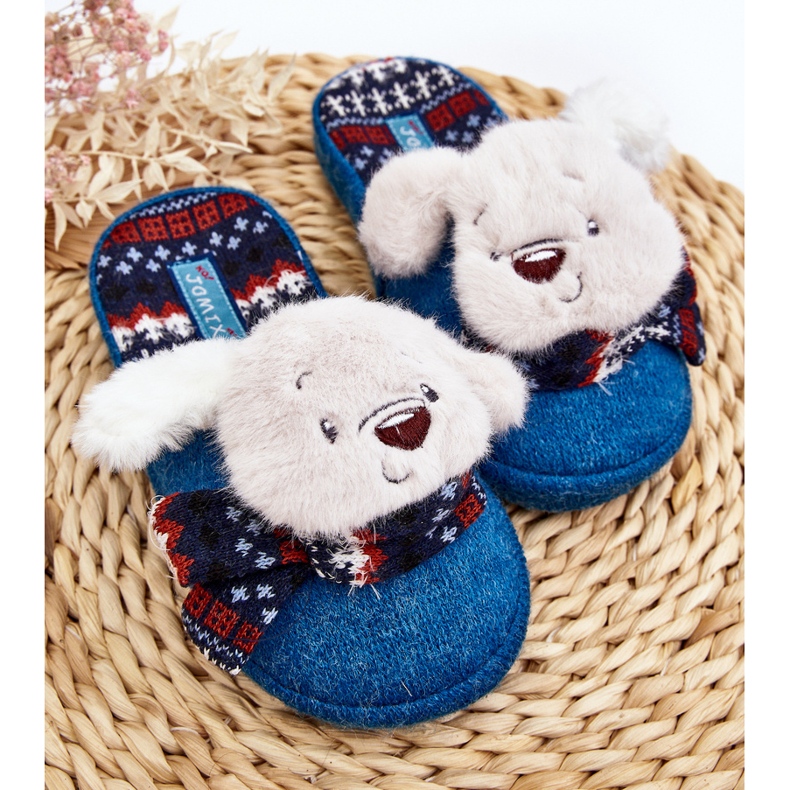 Chaussons pour enfants à semelle épaisse avec ours en peluche, bleu, Dasca 2