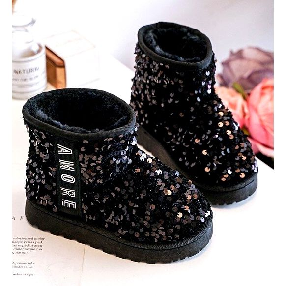 Bottes de neige des filles isolées de paillettes noires 4