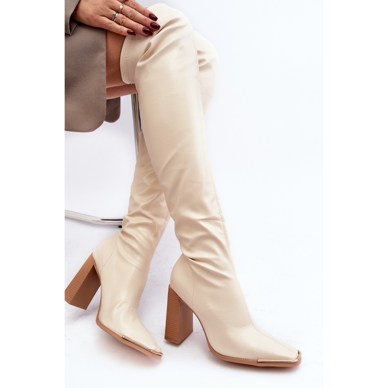 Cuissardes à talons hauts pour femmes, cuir écologique beige Orcella 1