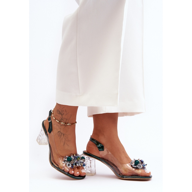 Sandales à Talons Hauts Décorées, Vert Foncé S.Barski MR1037-16 1 Sandales à Talons Hauts Décorées, Vert Foncé S.Barski MR1037-16 1