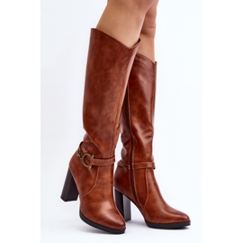 Bottes à talons hauts pour femmes avec décoration au-dessus du genou Camel Rahallis brun 1