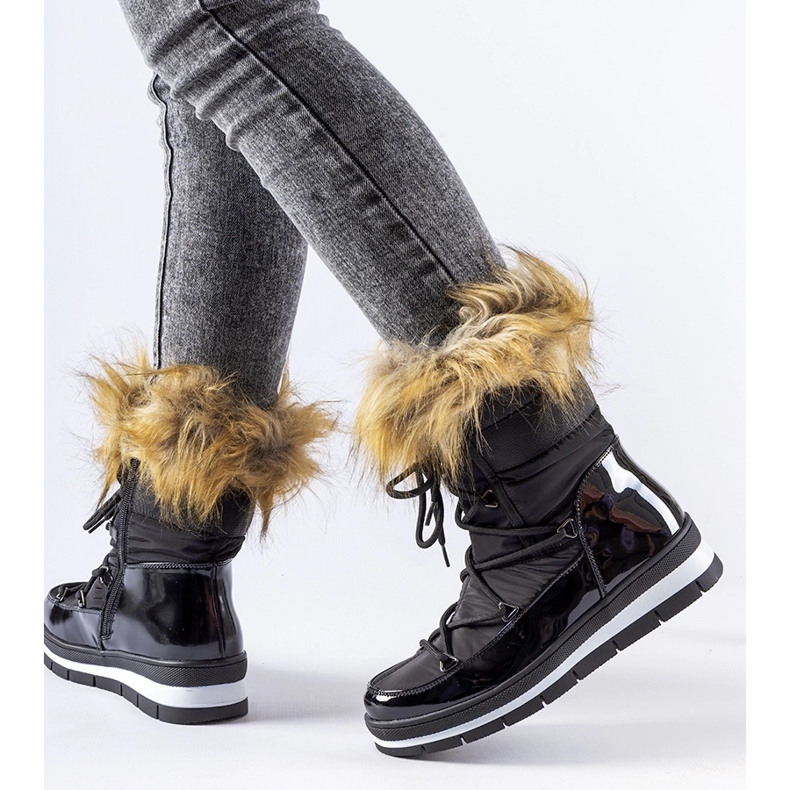 Boots de neige vernies noires avec fourrure Bow 1