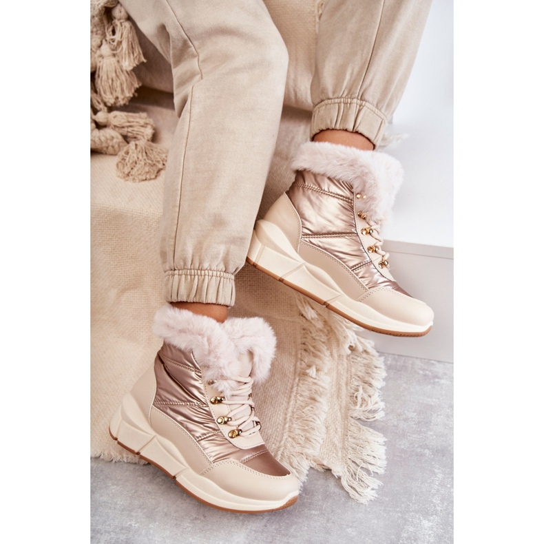 NEWS Bottes de neige pour femmes en dentelle avec la fourrure légère beige 2