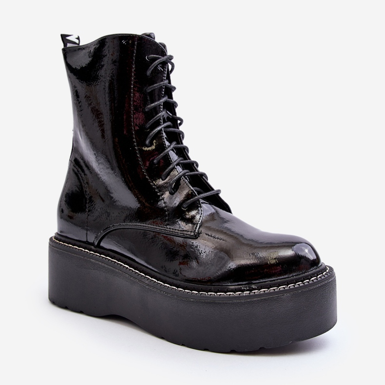 Bottines Femme En Cuir Verni à Semelle Épaisse Noir Movana 2