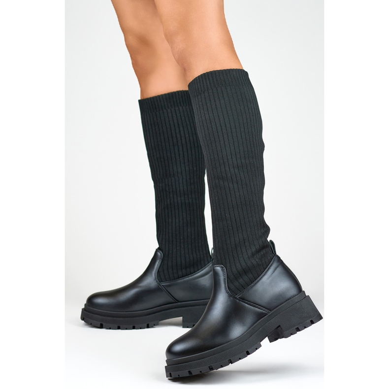 Bottes noires pour femmes avec tige élastique, bottes chaussettes pour femmes 1