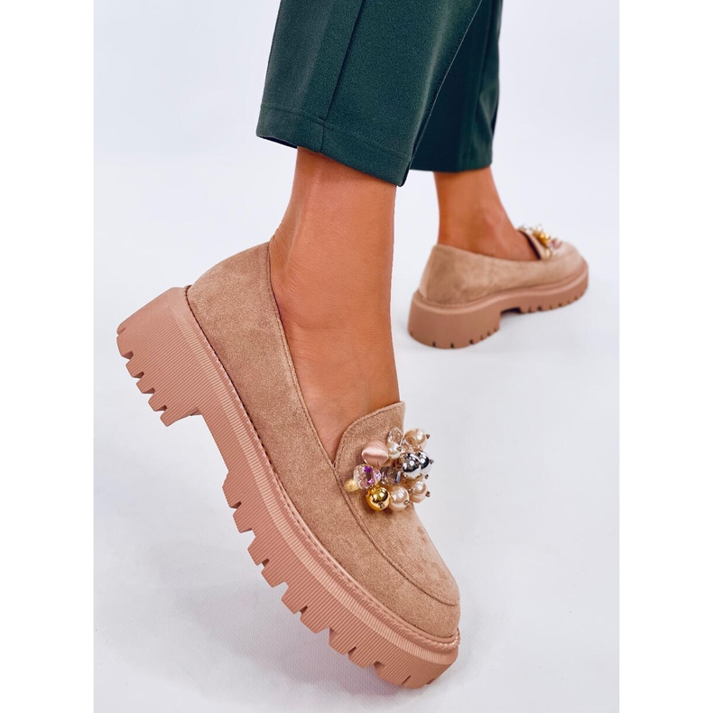 Mocassins plateforme Dollin kaki avec cristaux beige 2