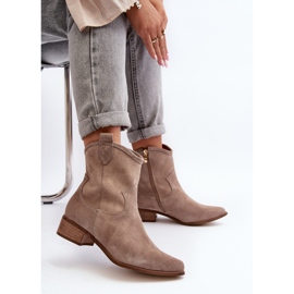 Zazoo 3329 Cappucino Bottes de cowboy en daim à talons bas beige 10