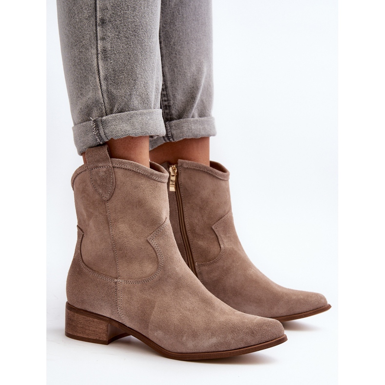 Zazoo 3329 Cappucino Bottes de cowboy en daim à talons bas beige 1