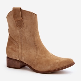 Zazoo 3305/2/G Bottes de Cowboy en Daim pour Femme à Talons Bas Beige 1