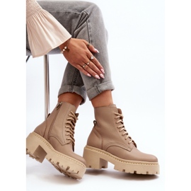 Zazoo 3413 Bottines de travail en cuir pour femmes avec talons hauts massifs, Beige 1