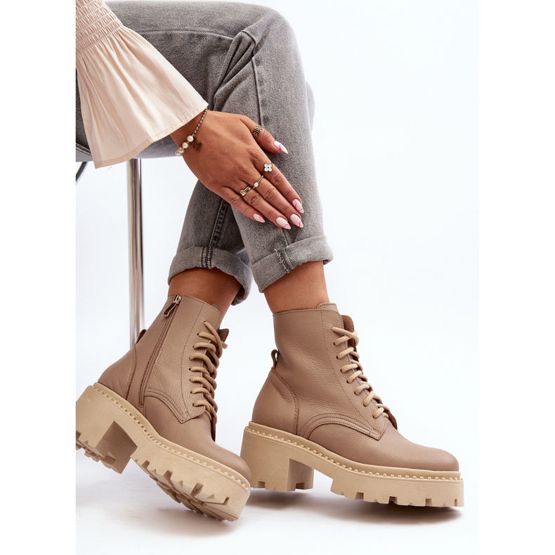 Zazoo 3413 Bottines de travail en cuir pour femmes avec talons hauts massifs, Beige 1