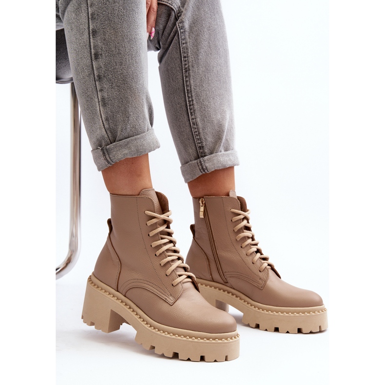 Zazoo 3413 Bottines de travail en cuir pour femmes avec talons hauts massifs, Beige 2 Zazoo 3413 Bottines de travail en cuir pour femmes avec talons hauts massifs, Beige 2