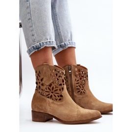 Zazoo 3404 Santiags Ajourées Sur Talons Bas Daim Beige 3