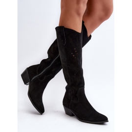 Zazoo 2909 Bottes Ajourées En Daim Sur Talons Bas, Noir le noir 3