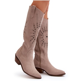 Zazoo 2909 Bottes Ajourées En Daim Sur Talons Bas, Beige 9