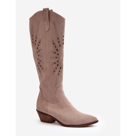 Zazoo 2909 Bottes Ajourées En Daim Sur Talons Bas, Beige 1