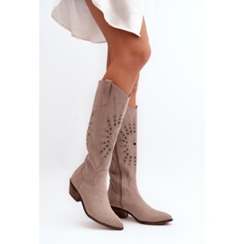 Zazoo 2909 Bottes Ajourées En Daim Sur Talons Bas, Beige 2