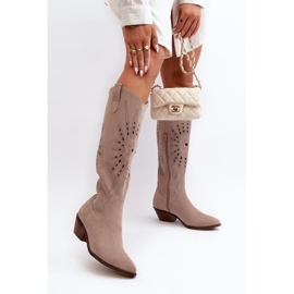 Zazoo 2909 Bottes Ajourées En Daim Sur Talons Bas, Beige 3