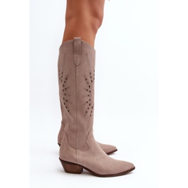 Zazoo 2909 Bottes Ajourées En Daim Sur Talons Bas, Beige 4