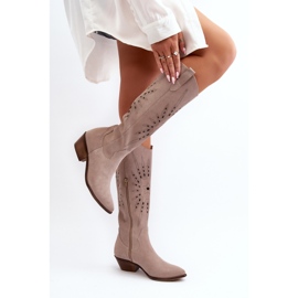 Zazoo 2909 Bottes Ajourées En Daim Sur Talons Bas, Beige 6