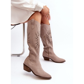 Zazoo 2909 Bottes Ajourées En Daim Sur Talons Bas, Beige 8