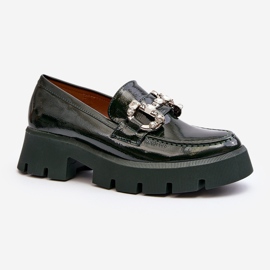 Mocassins pour femmes en cuir verni avec décoration, vert foncé Arsaba 2