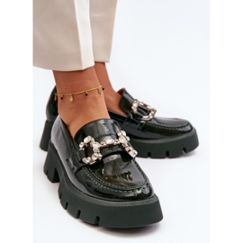 Mocassins pour femmes en cuir verni avec décoration, vert foncé Arsaba 1