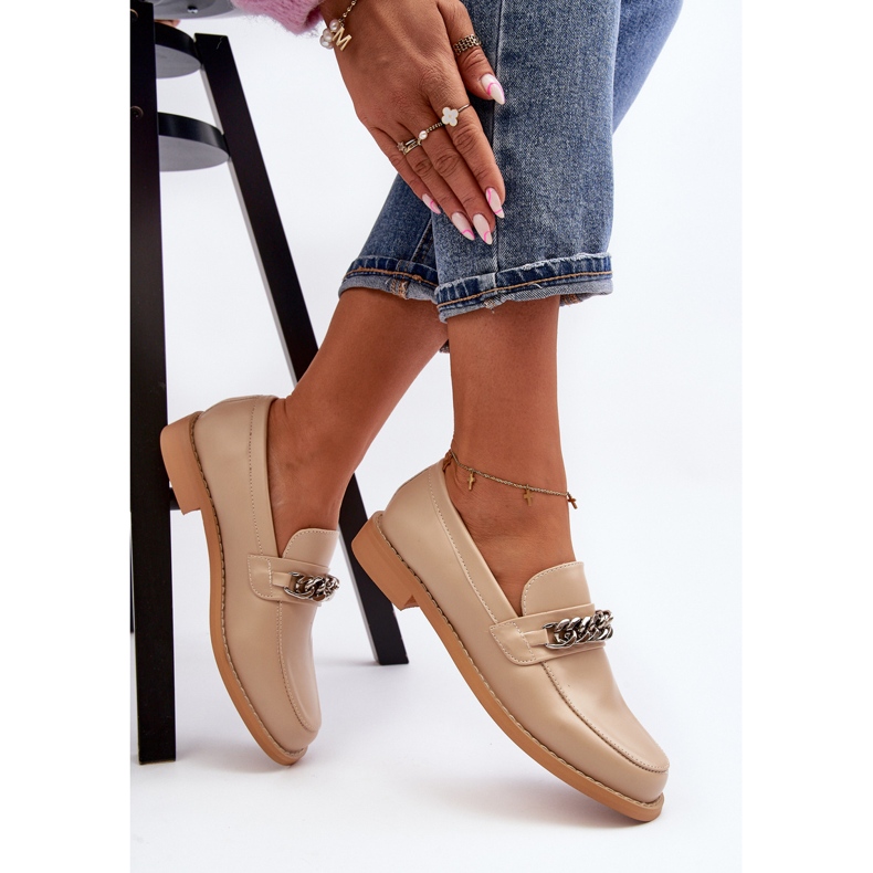 Mocassins femme en cuir écologique avec chaîne, beige Nohlies 1