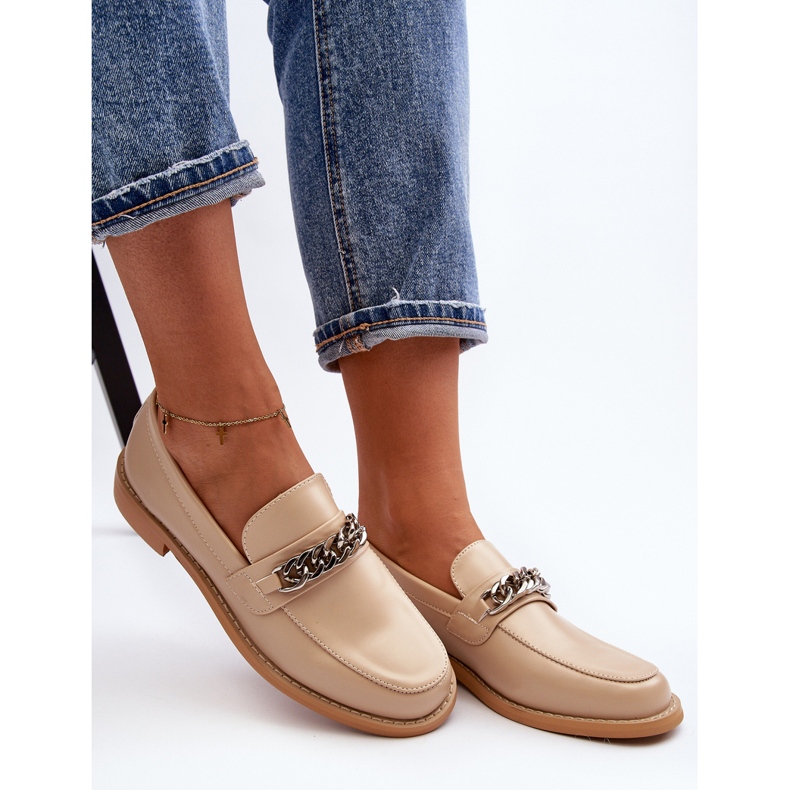 Mocassins femme en cuir écologique avec chaîne, beige Nohlies 2