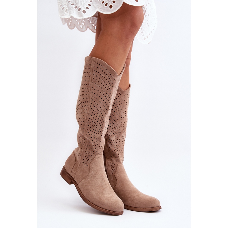 S.barski HY66-150 Bottines Ajourées Sur Talons Plats Beige 2