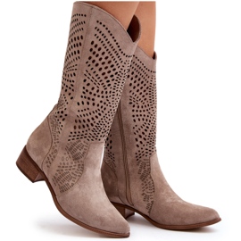 Zazoo 3305/P Bottes Cappucino ajourées mi-mollet en daim beige 11