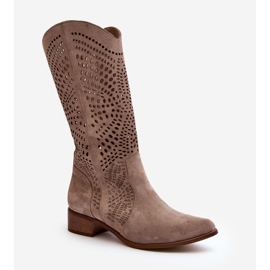 Zazoo 3305/P Bottes Cappucino ajourées mi-mollet en daim beige 2