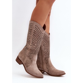 Zazoo 3305/P Bottes Cappucino ajourées mi-mollet en daim beige 3