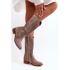 Zazoo 3305/P Bottes Cappucino ajourées mi-mollet en daim beige 6